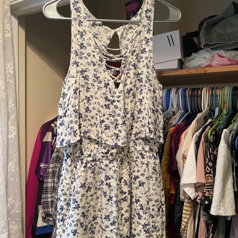 American Eagle Romper Small White Floral Criss Cross Neck Overlay Top